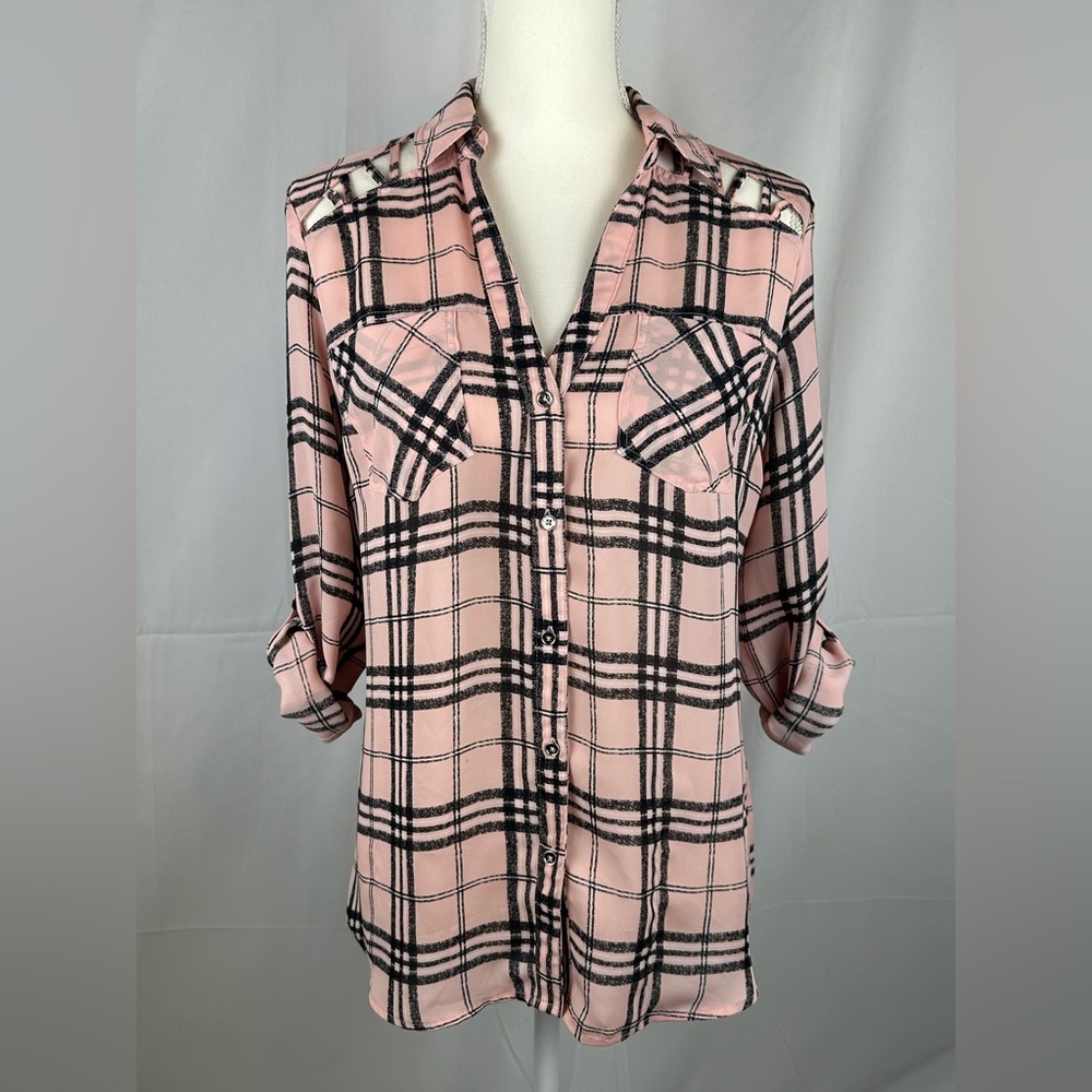 Candie’s Women’s Pink Plaid Button Down Blouse Roll Tab Sleeves Size M